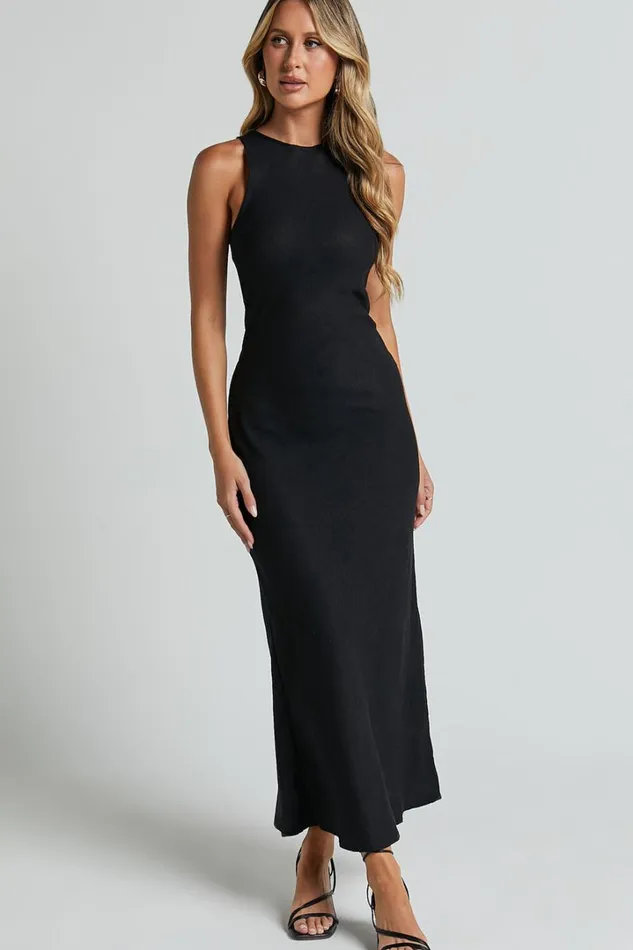 Fernley Midi Dress 8211 Linen Look Racer Neck Slip Dress In Black Women Showpo Dresses
