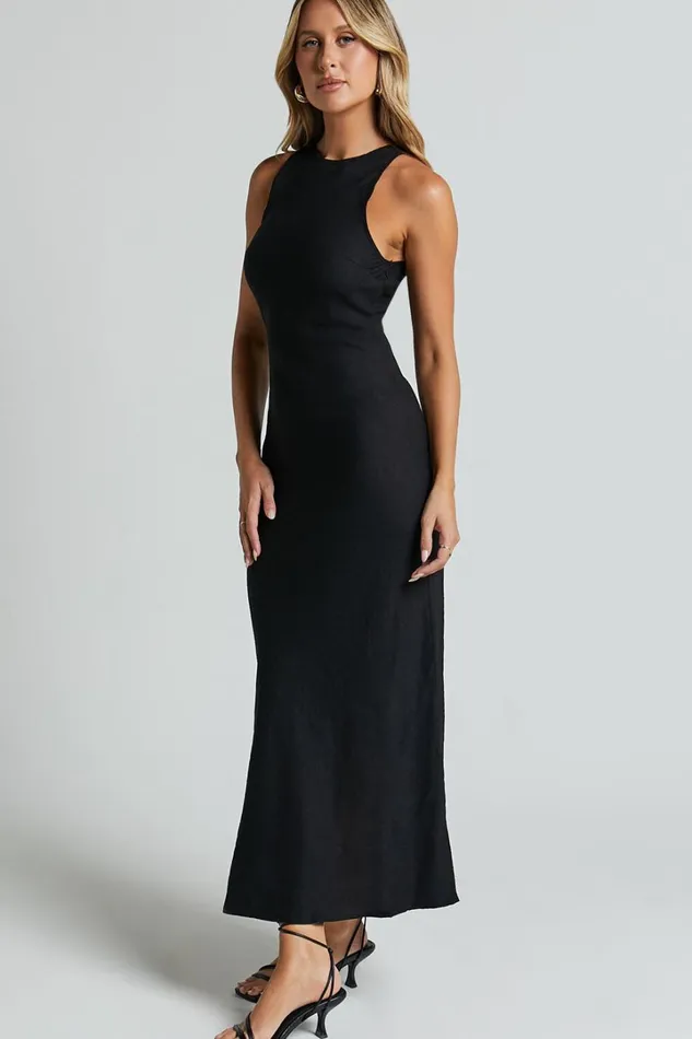 Fernley Midi Dress 8211 Linen Look Racer Neck Slip Dress In Black Women Showpo Dresses