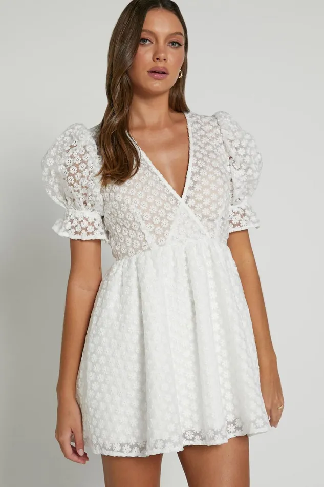Freya Mini Dress 8211 Puff Sleeve V Neck A Line Dress In White Women Showpo Dresses