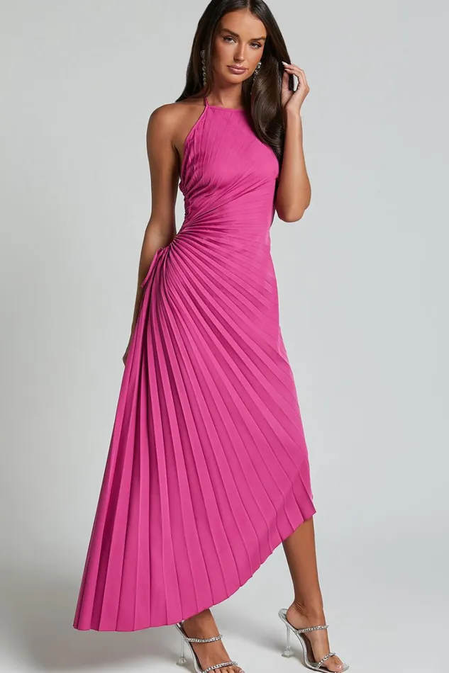 Gilly Midi Dress 8211 Asymmetric Pleated Dress In Berry Women Showpo Dresses