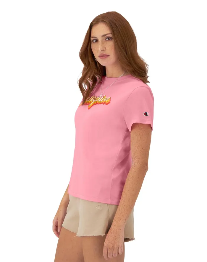 Graphic TShirt Drop Shadow Champion Script C Logo Marzipan Pink Women Champion TShirts and Tops