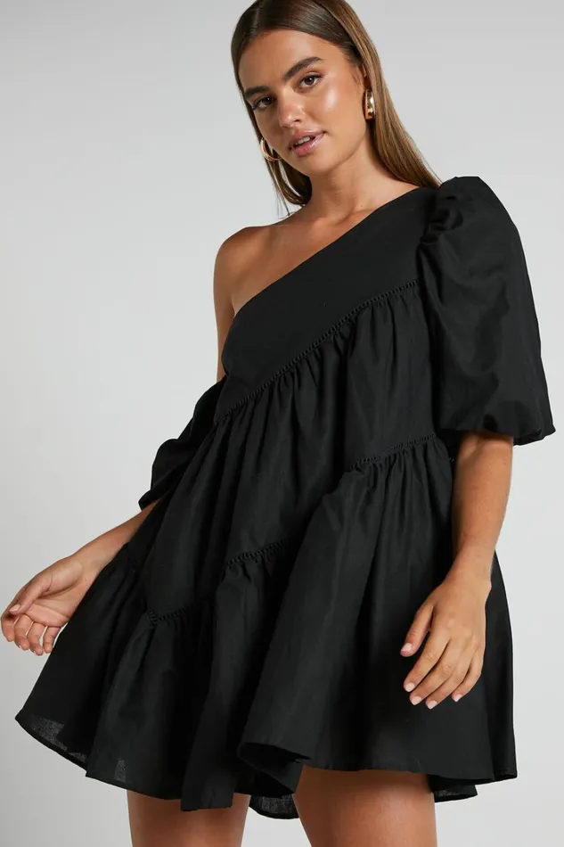 Harleen Mini Dress 8211 Linen Look Asymmetrical Trim Puff Sleeve Dress In Black Women Showpo Curve Clothes