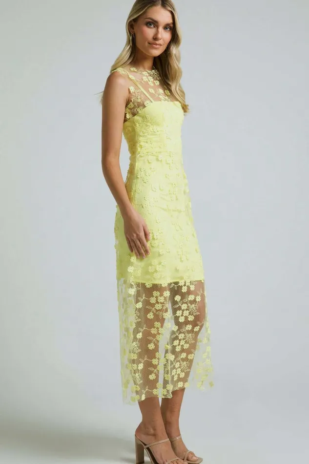 Hazel 3D Flower Net Bodycon Midi Dress In Lemon Women Showpo Dresses