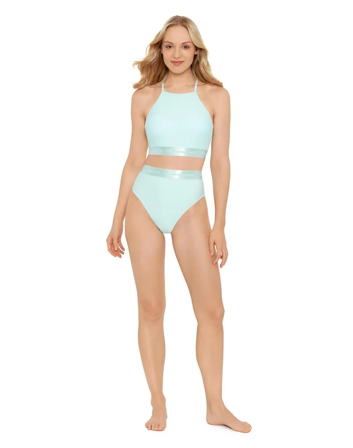 HighNeck Bathing Suit Top Script Logo Band Aqua Women Champion Swimwear