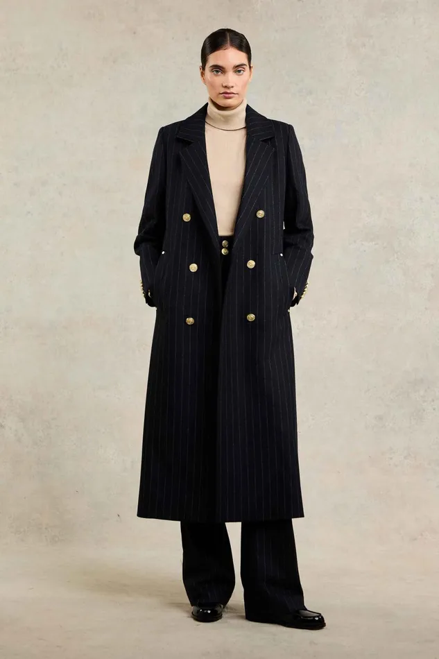 Holland Cooper Coats Women Double Breasted Coat Dark Navy Pinstripe