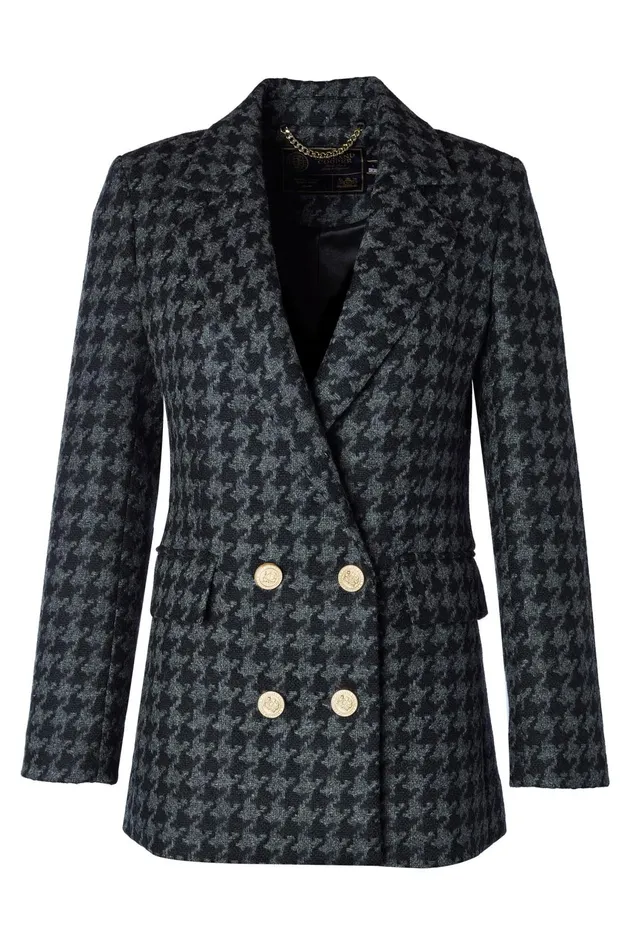 Holland Cooper Tailoring Women Double Breasted Blazer Large Scale Charcoal Houndstooth