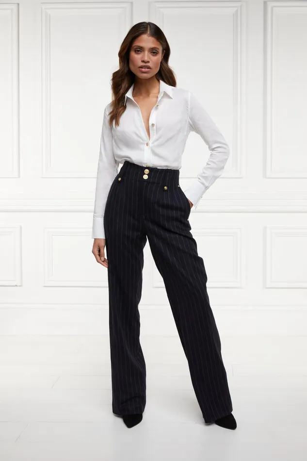 Holland Cooper Tailoring Women High Waisted Straight Trouser Navy Chalk Pinstripe