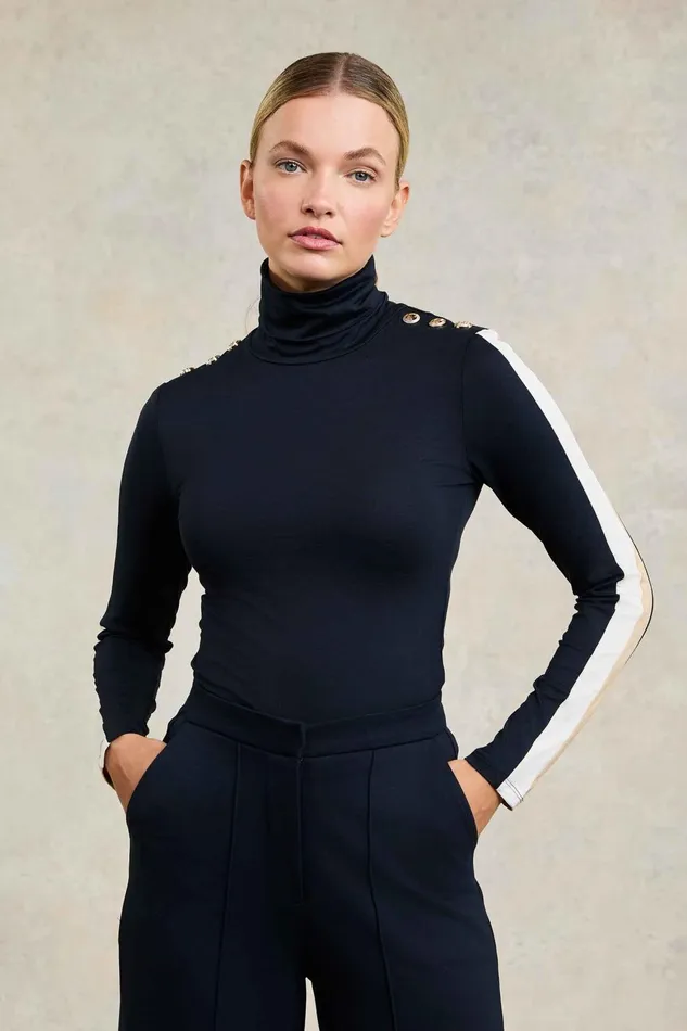 Holland Cooper Tops Women Panel Long Sleeve Roll Neck Navy Ecru Holland Cooper Tops Women Panel Long Sleeve Roll Neck Navy Ecru