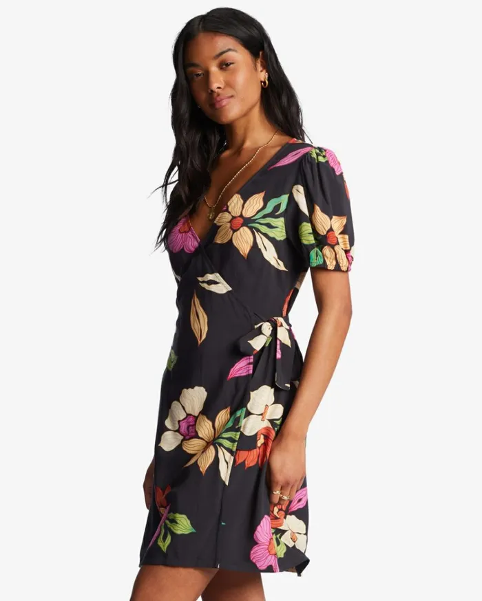 Hot Tropics Mini Wrap Dress Black Pebble Women Billabong Mini Dresses