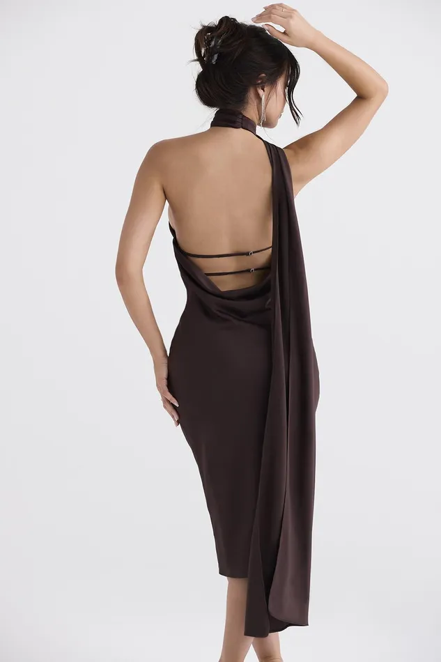 House Of CB AngelinaChocolate Wrap Neck Midi Dress 8211 SALE Chocolate Women Midi Dresses