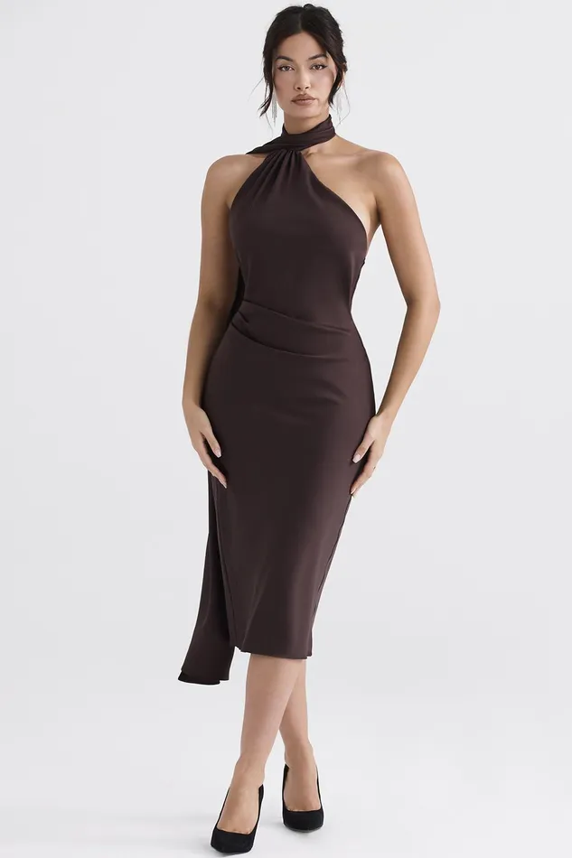 House Of CB AngelinaChocolate Wrap Neck Midi Dress 8211 SALE Chocolate Women Midi Dresses