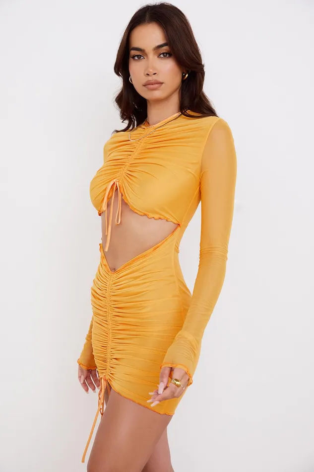 House Of CB JeanelleOrange Ruched Mesh Long Sleeve Cutout Mini Dress 8211 SALE Orange Women Bodycon Dresses