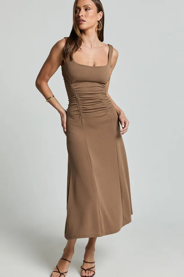 Jacel Midi Dress 8211 Ruched Fit And Flare Dress In Mocha Women Showpo Dresses