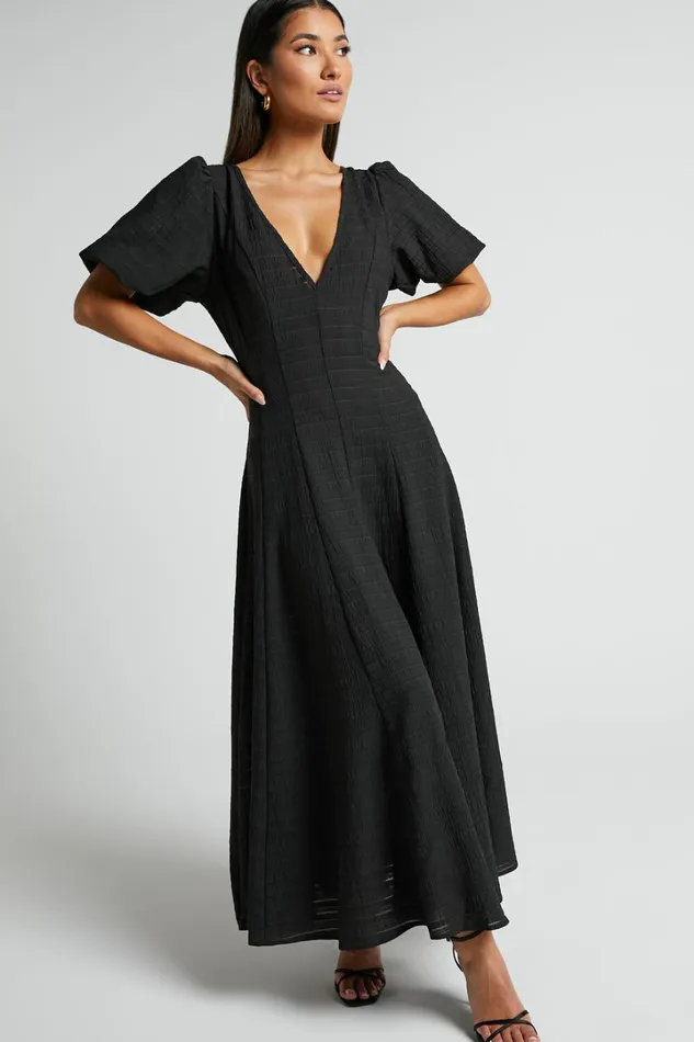 Jackelyn Midi Dress 8211 Puff Sleeve V Neck Dress In Black Women Showpo Curve Clothes