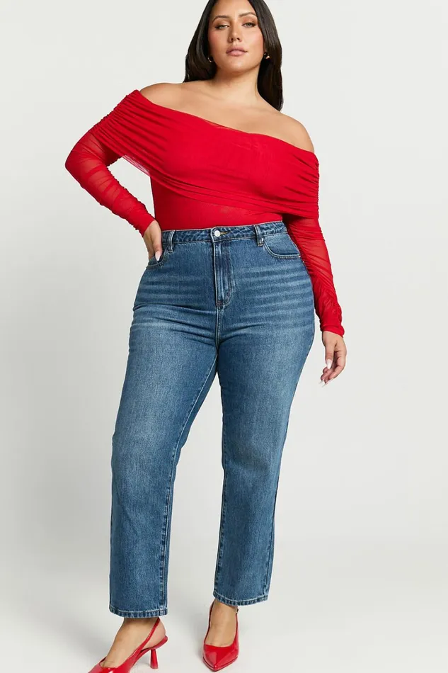 Jaythen Bodysuit 8211 Long Sleeve Off Shoulder Ruched Mesh Bodysuit In Red Women Showpo Curve Clothes