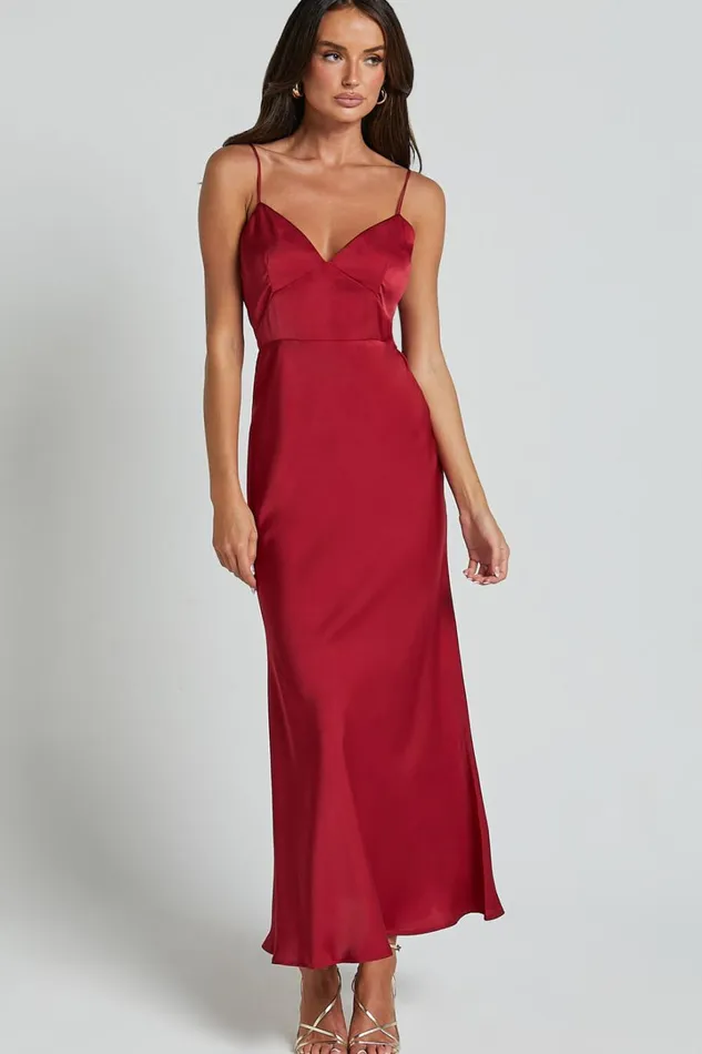 Jovana Midi Dress 8211 Bust Panel Detail Satin Slip Dress In Wine Women Showpo Dresses