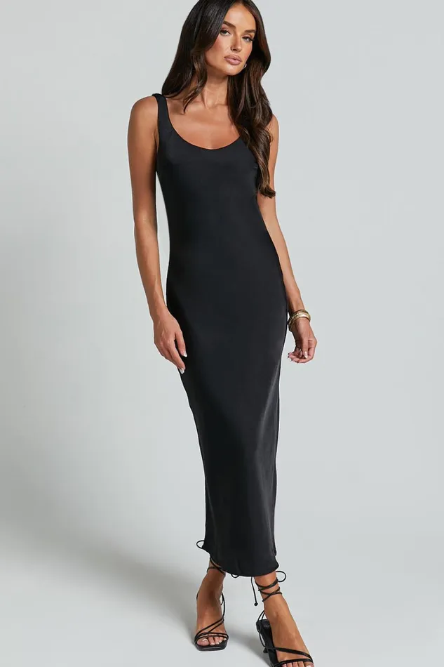 Julie Midi Dress 8211 Scoop Neck Low Back Satin Slip Dress In Black Women Showpo Dresses