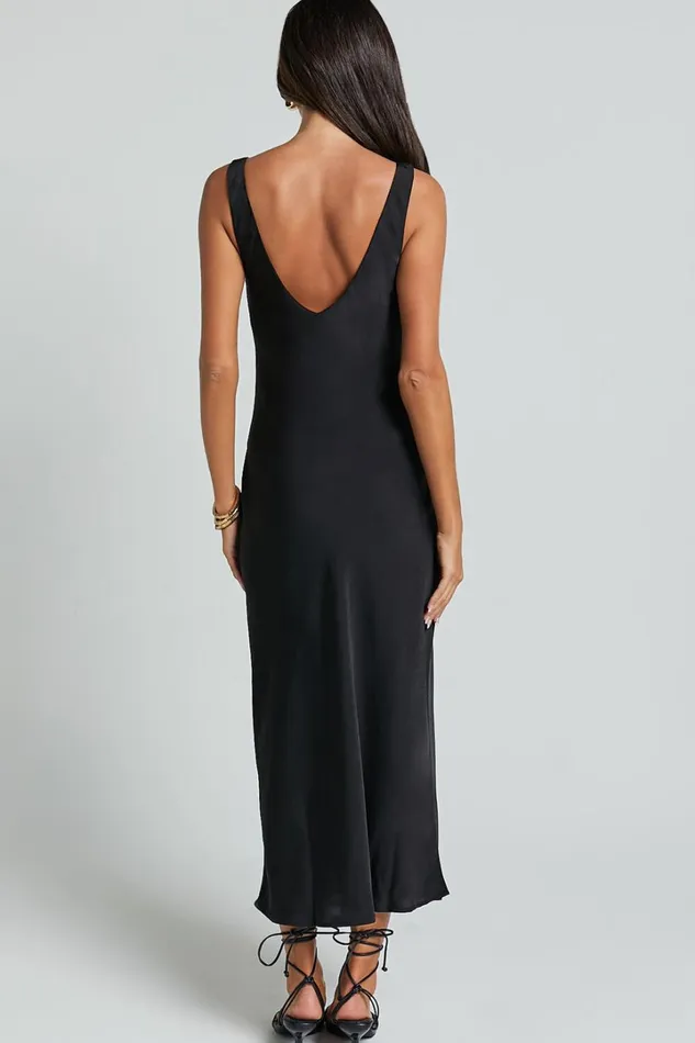 Julie Midi Dress 8211 Scoop Neck Low Back Satin Slip Dress In Black Women Showpo Dresses