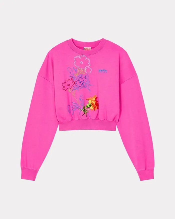 Kenzo Sweatshirts And Hoodies Women Drawn Flowers039 Embroidered Sweatshirt Deep Fuschia