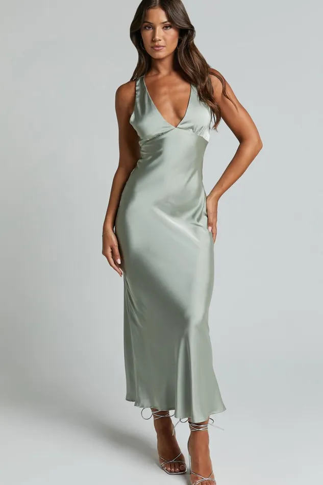 Khalani Midi Dress 8211 Deep V Neck Satin Slip Dress In Sage Women Showpo Curve Clothes