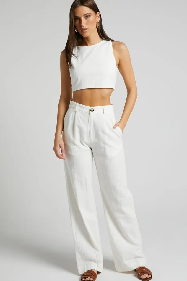 Larissa Trousers 8211 Linen Look Mid Waisted Relaxed Straight Leg Trousers In White Women Showpo Pants