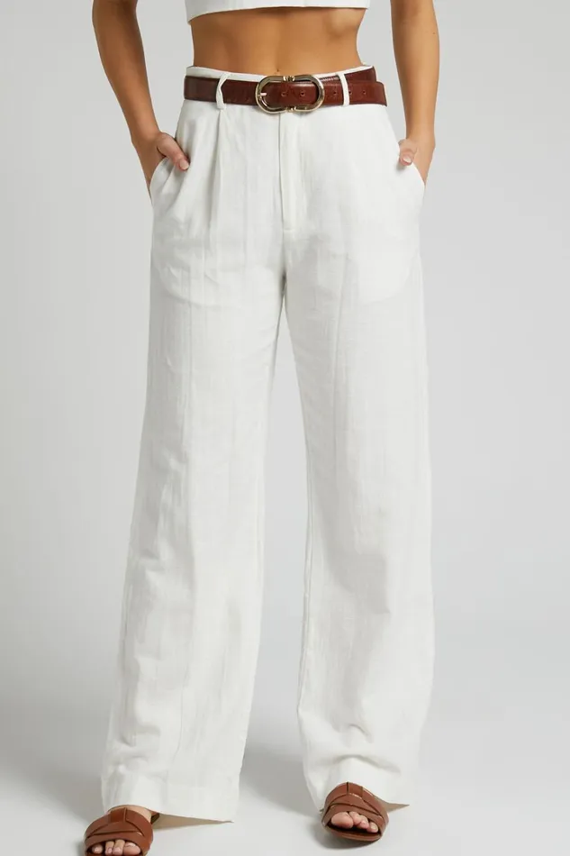 Larissa Trousers 8211 Linen Look Mid Waisted Relaxed Straight Leg Trousers In White Women Showpo Pants