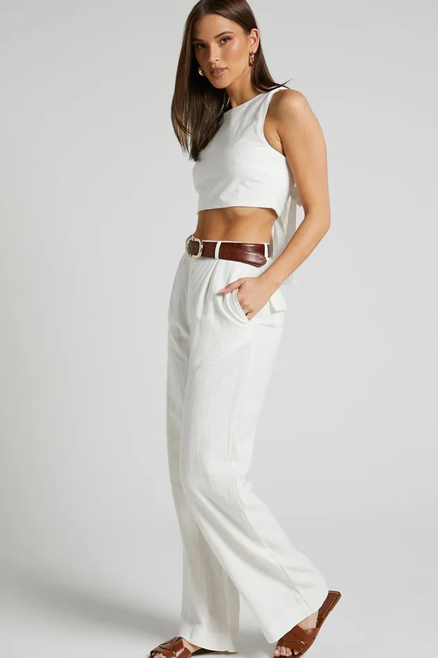 Larissa Trousers 8211 Linen Look Mid Waisted Relaxed Straight Leg Trousers In White Women Showpo Pants