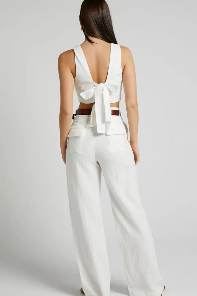 Larissa Trousers 8211 Linen Look Mid Waisted Relaxed Straight Leg Trousers In White Women Showpo Pants