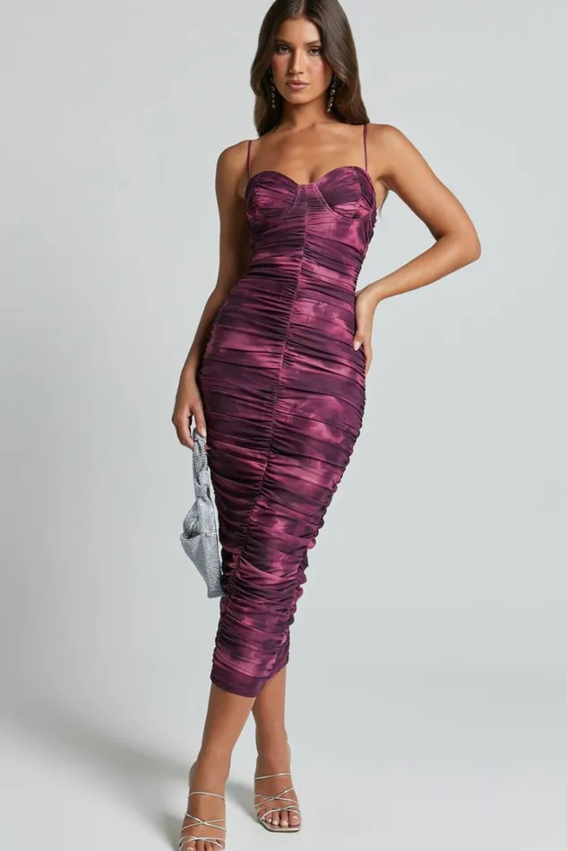 Leanor Midi Dress 8211 Mesh Ruched Bustier Bodycon Dress In Grape Print Women Showpo Dresses Leanor Midi Dress 8211 Mesh Ruched Bustier Bodycon Dress In Grape Print Women Showpo Dresses