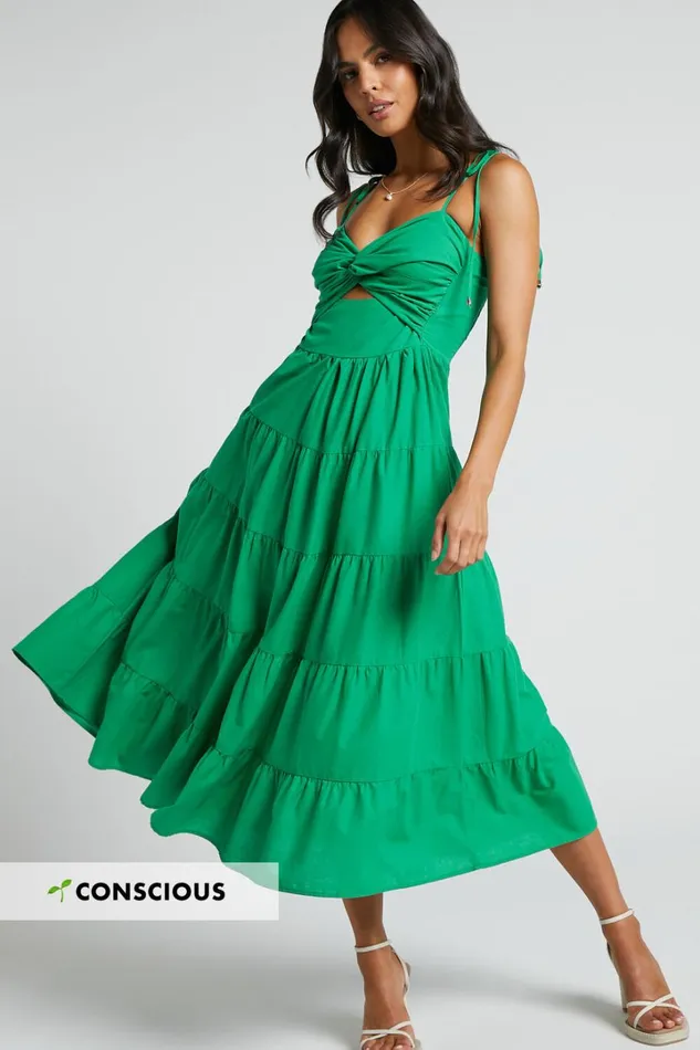 Leticia Midi Dress 8211 Twist Front Tie Strap Tiered Dress In Green Women Showpo Conscious Leticia Midi Dress 8211 Twist Front Tie Strap Tiered Dress In Green Women Showpo Conscious