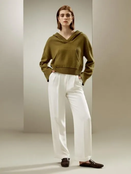 Lilysilk Cropped WoolCashmere Blend Hoodie Sweater Women Knitwear