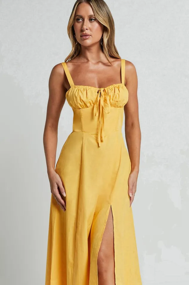 Maiya Midi Dress 8211 Tie Front Fitted Bodice Dress In Pineapple Women Showpo Curve Clothes