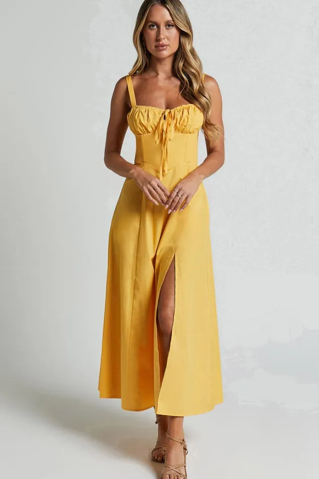 Maiya Midi Dress 8211 Tie Front Fitted Bodice Dress In Pineapple Women Showpo Curve Clothes