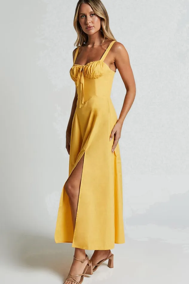 Maiya Midi Dress 8211 Tie Front Fitted Bodice Dress In Pineapple Women Showpo Curve Clothes