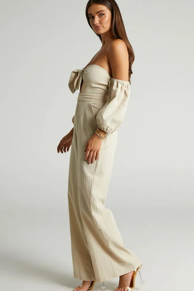 Maja Jumpsuit 8211 Front Tie Off Shoulder Jumpsuit In Sand Women Showpo Jumpsuits