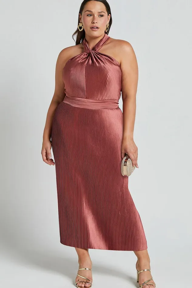 Marlette Midi Dress 8211 Pleated Open Back Halter Dress In Rust Women Showpo Curve Clothes