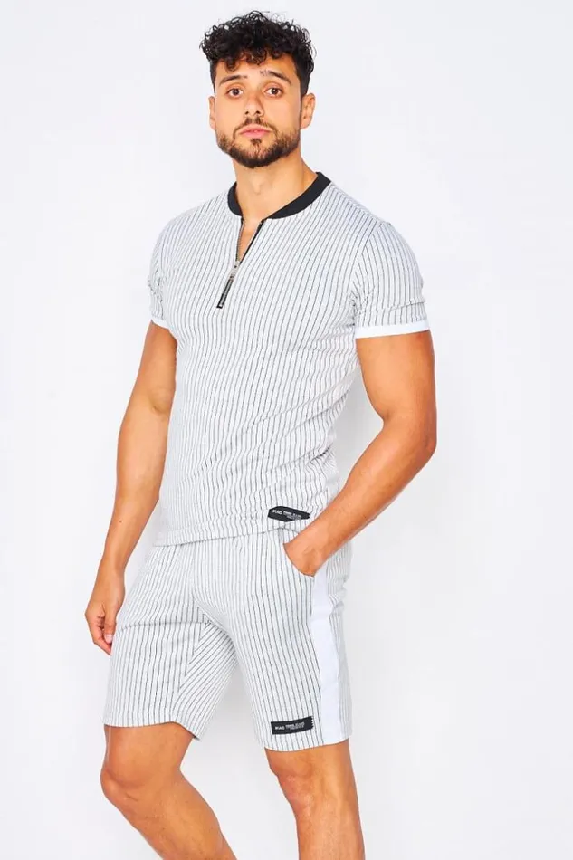 Men 2 Piece CoOrd Set TShirt Shorts With Vertical Stripe In White White Brentiny Paris Top Bottom Sets Men 2 Piece CoOrd Set TShirt Shorts With Vertical Stripe In White White Brentiny Paris Top Bottom Sets
