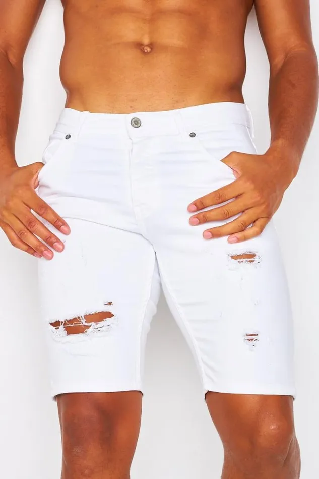 Men Brentiny Ripped Denim Shorts In White White Brentiny Paris Shorts