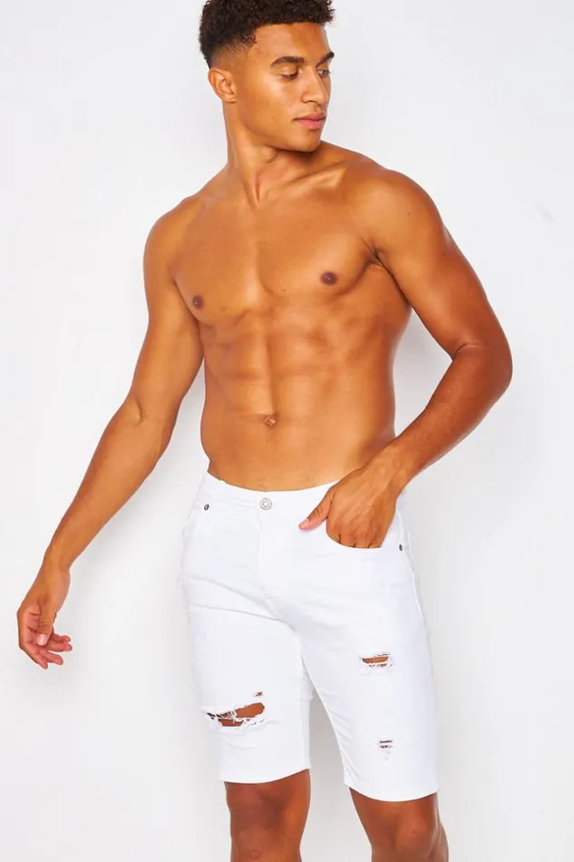 Men Brentiny Ripped Denim Shorts In White White Brentiny Paris Shorts