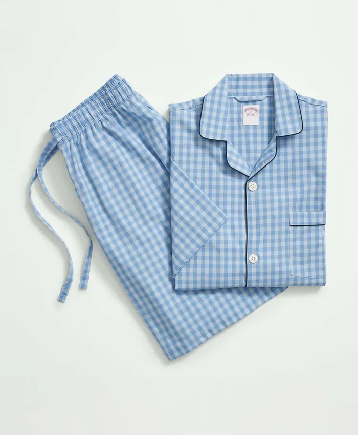 Men Cotton Poplin Gingham Short Pajamas Chambray Blue Brooks Brothers Pajamas and Robes