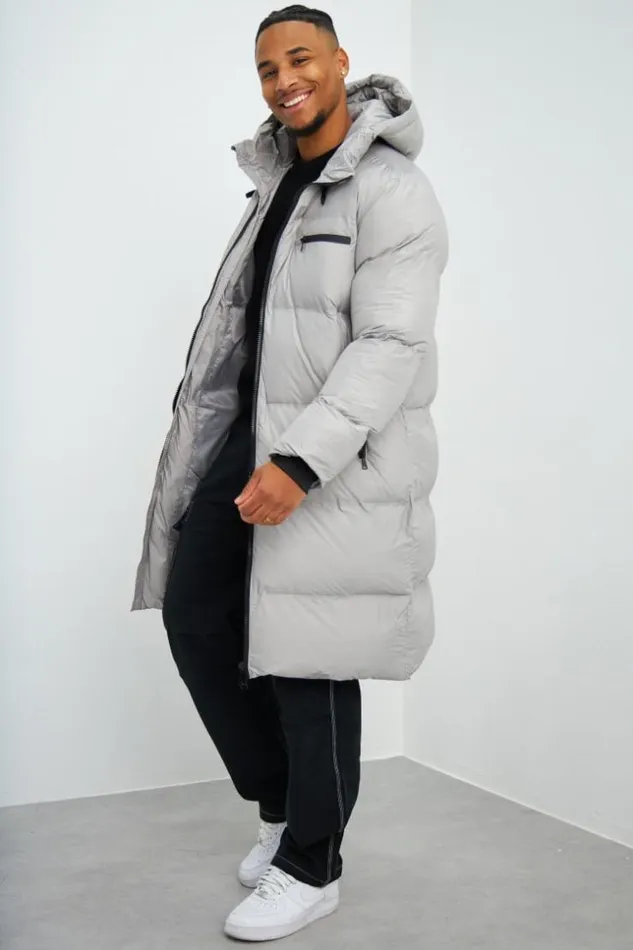 Men Doudoune Matelasse Longue Grise Capuche Grey Brentiny Paris Parkas And Down Jackets
