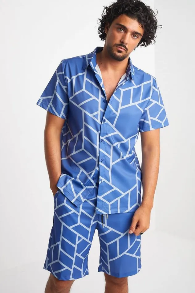 Men Ensemble 2 Pices Chemise Short Bleu Motif Gomtrique Blue Brentiny Paris Top Bottom Sets Men Ensemble 2 Pices Chemise Short Bleu Motif Gomtrique Blue Brentiny Paris Top Bottom Sets