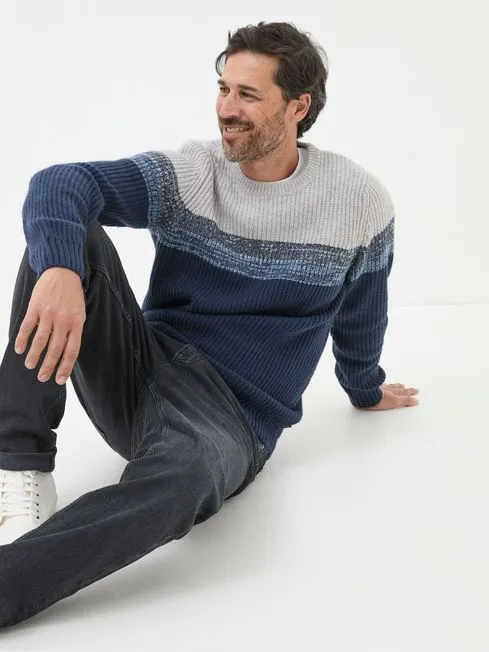 Men Fatface Knitwear Hinton Navy Chest Stripe Crew Neck Jumper