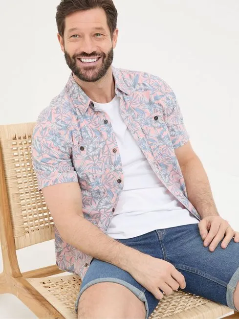 Men Fatface Shirts Chambray Pink Palm Print Shirt
