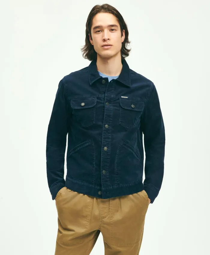 Men Medium Wale Corduroy Trucker Jacket Navy Brooks Brothers Coats and Jackets