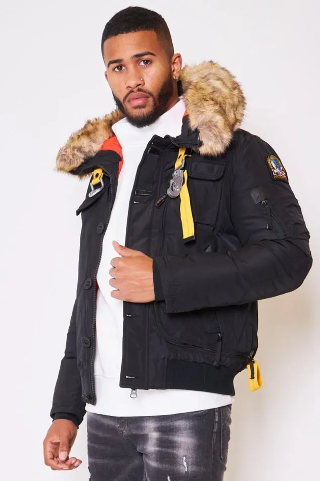 Men Short Parka Jacket With Multi Pockets And A Hood With A Faux Fur Trim In Black Black Brentiny Paris Parkas And Down Jackets