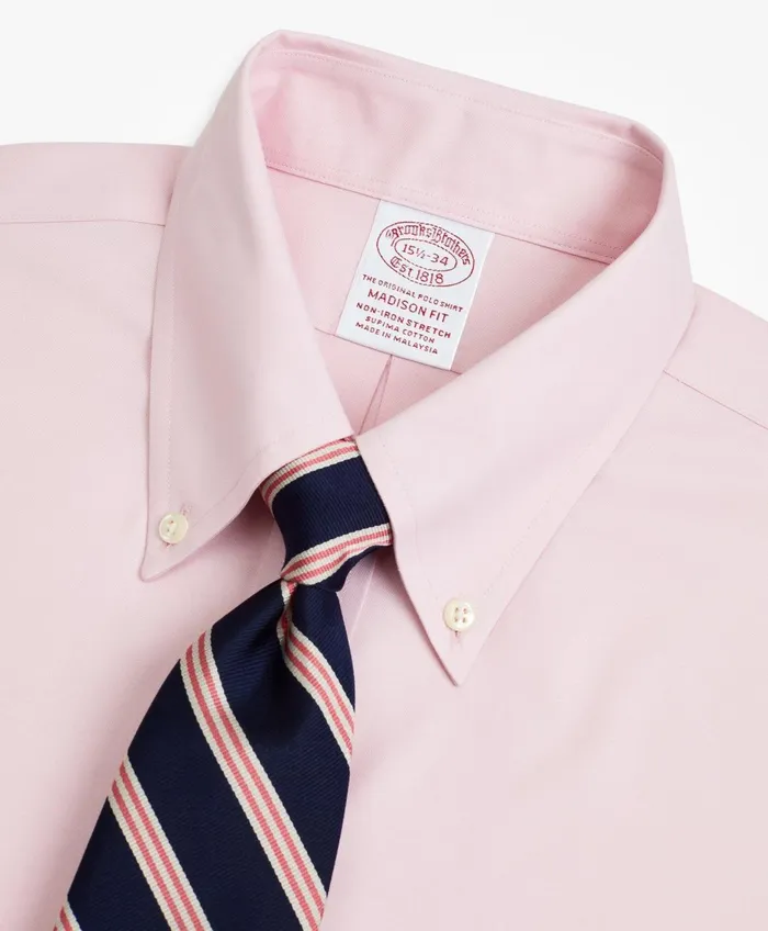Men Stretch Madison RelaxedFit Dress Shirt NonIron Pinpoint ButtonDown Collar Pink Brooks Brothers Dress Shirts