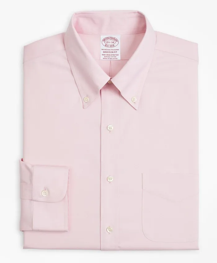 Men Stretch Madison RelaxedFit Dress Shirt NonIron Pinpoint ButtonDown Collar Pink Brooks Brothers Dress Shirts