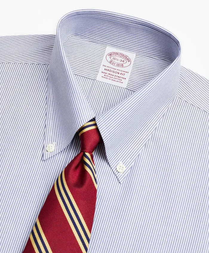 Men Stretch Madison RelaxedFit Dress Shirt NonIron Poplin ButtonDown Collar Fine Stripe Navy Brooks Brothers Dress Shirts