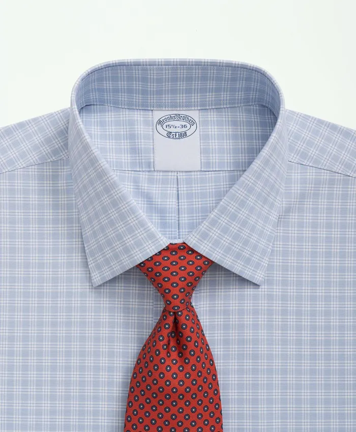 Men Stretch Supima Cotton NonIron Poplin Ainsley Collar Checked Dress Shirt Light Blue Brooks Brothers Dress Shirts